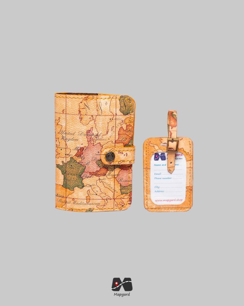 ست کاور پاسپورت و تگ چمدان طرح نقشه جهان قدیمی مپگرد