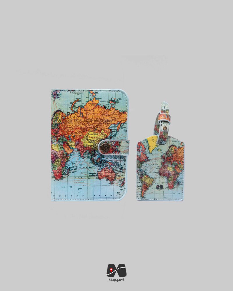 ست کاور پاسپورت و تگ چمدان طرح نقشه جهان وینتیج مپگرد