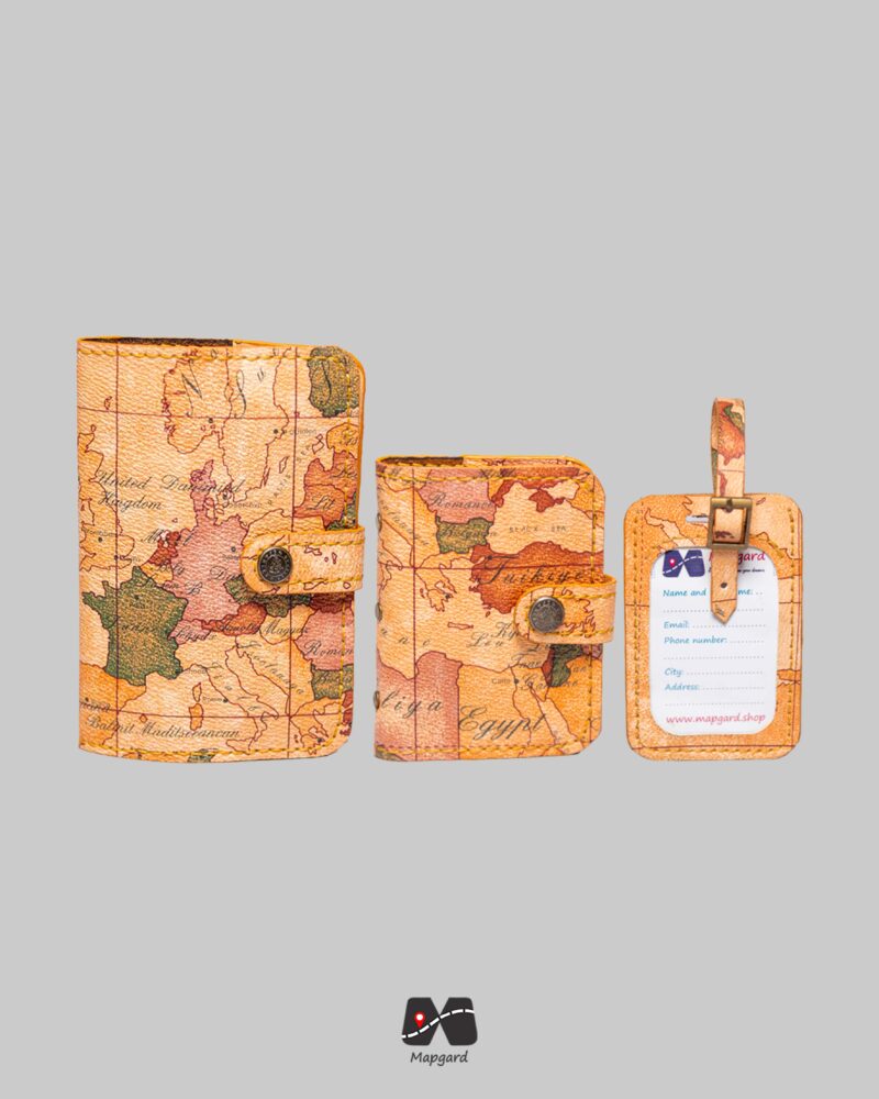 ست کاور پاسپورت تگ چمدان و جاکارتی طرح نقشه جهان قدیمی مپگرد